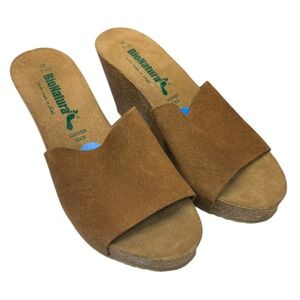 BioNatura Women's Wedge Sandals Suede Brown Leather Earthy Boho Size 7.5